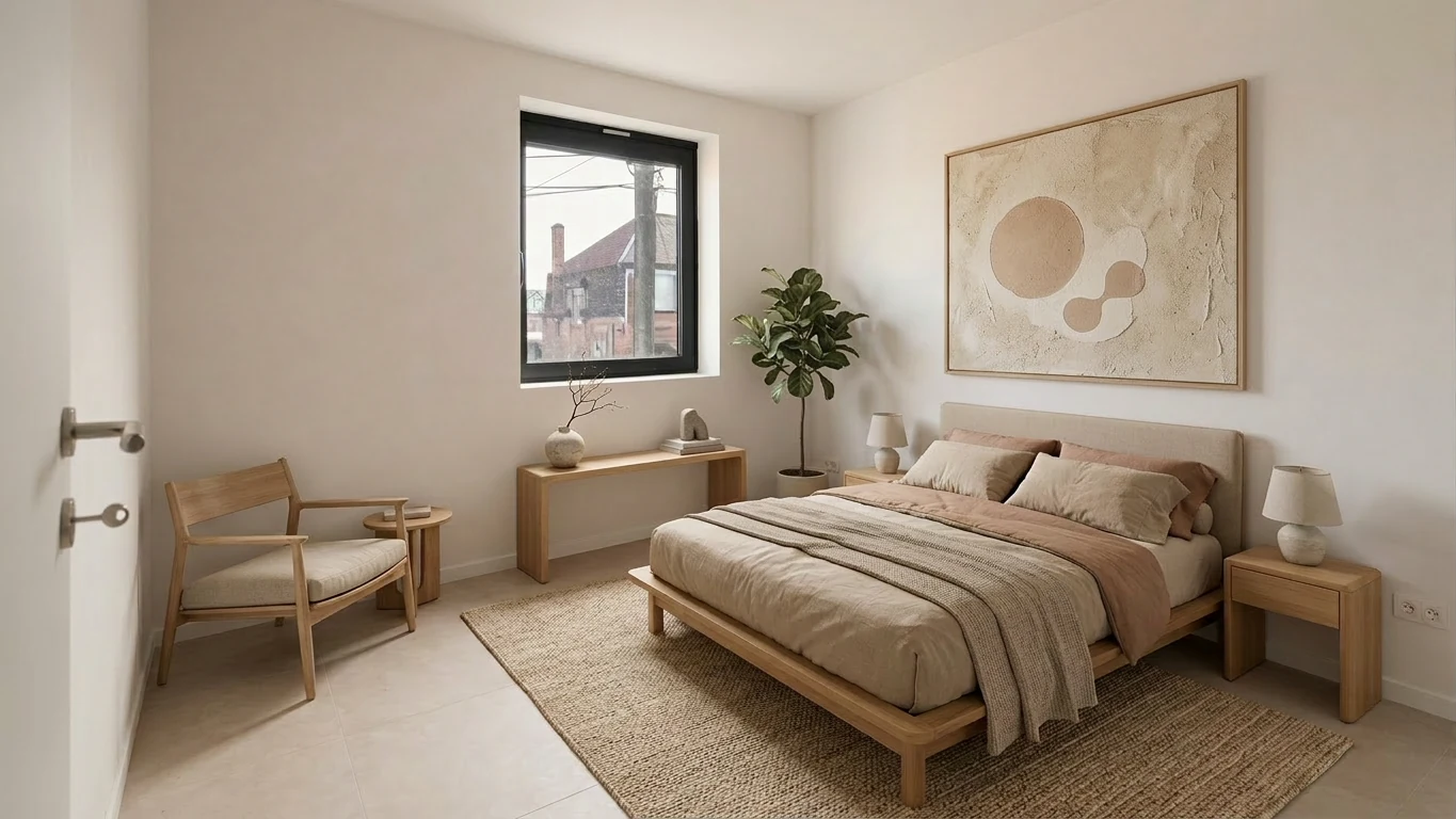 Dezelfde woonkamer na AI virtual staging door Revisual, ingericht in Japandi-stijl